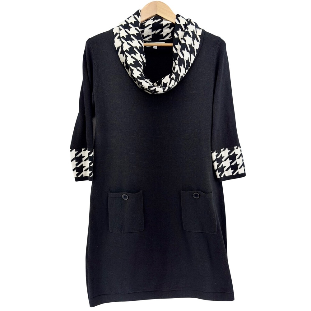Sandra Darren Retro Sweater Dress Cowl Neck Houndstooth Pockets Black SZ Large